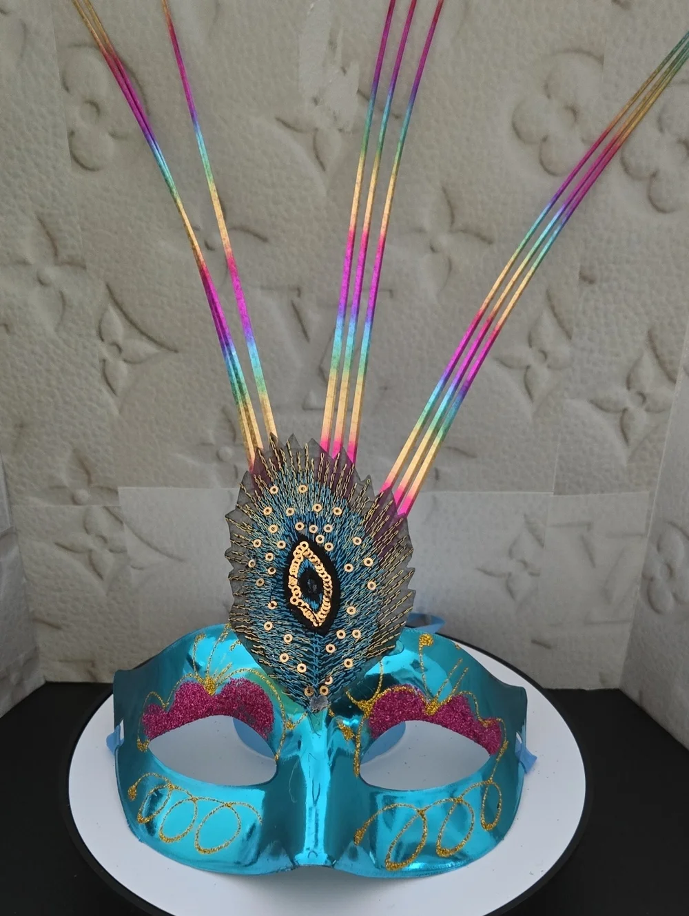 Teal Peacock Feather Carnival Mask with Rainbow Plumes